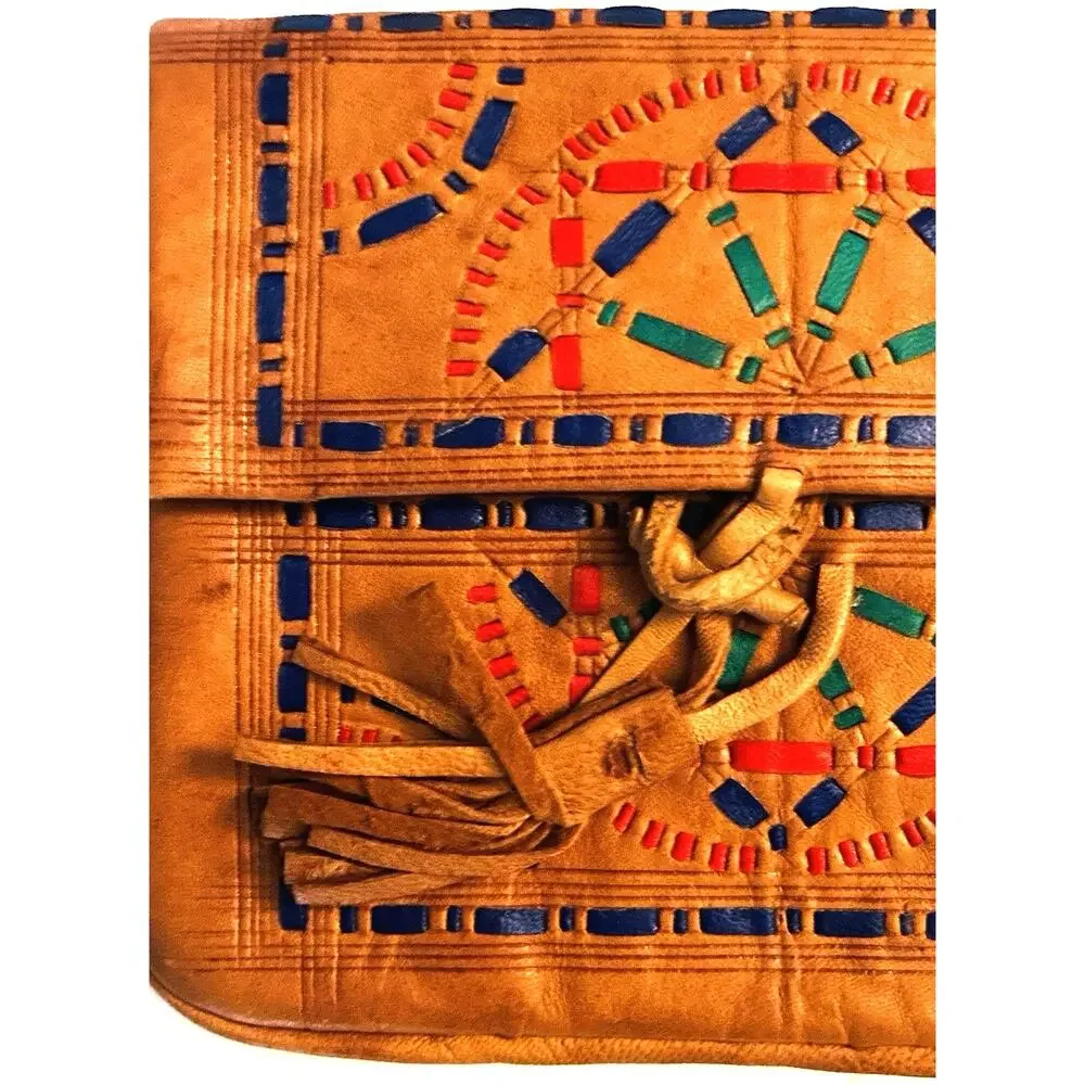 Handmade Morrocan Leather Mini Clutch Coin Purse Fold Over Tassel Toggle Closing